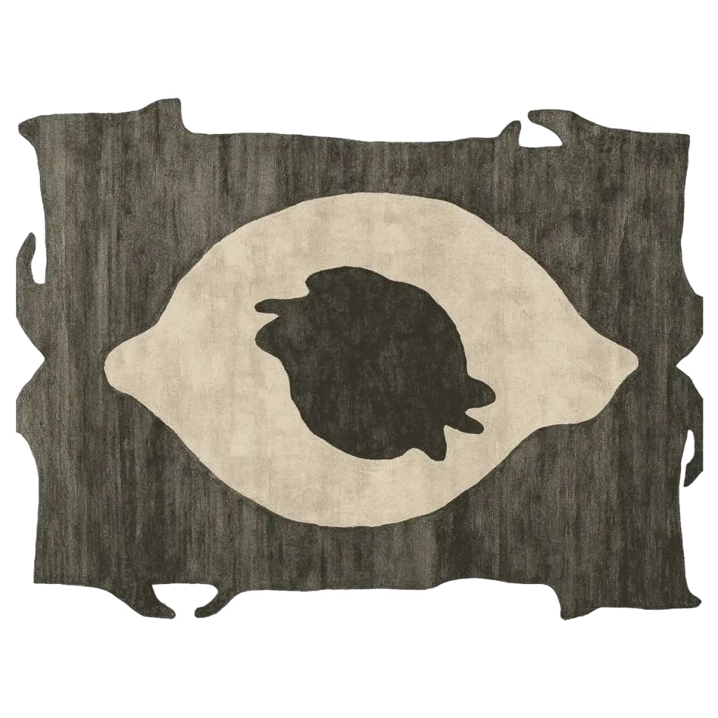 A contemporary area rug with an abstract design, featuring a unique eye-like pattern in neutral tones, ideal for modern living room decor. This wool rug showcases artistic raw edges, adding a sophisticated touch to any space.