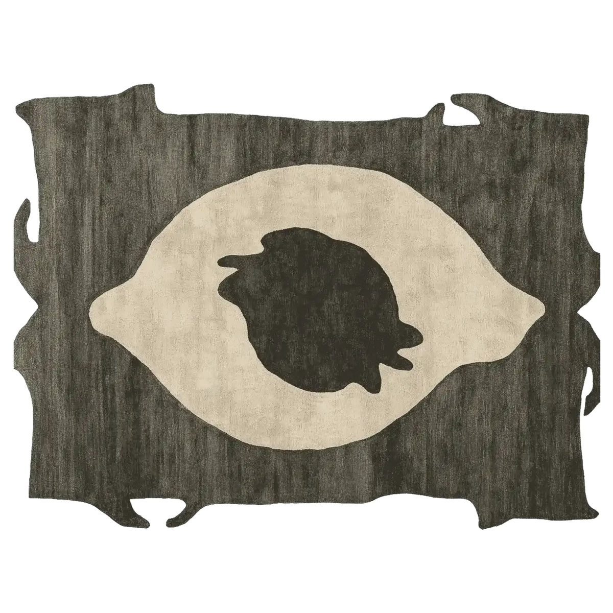 A contemporary area rug with an abstract design, featuring a unique eye-like pattern in neutral tones, ideal for modern living room decor. This wool rug showcases artistic raw edges, adding a sophisticated touch to any space.
