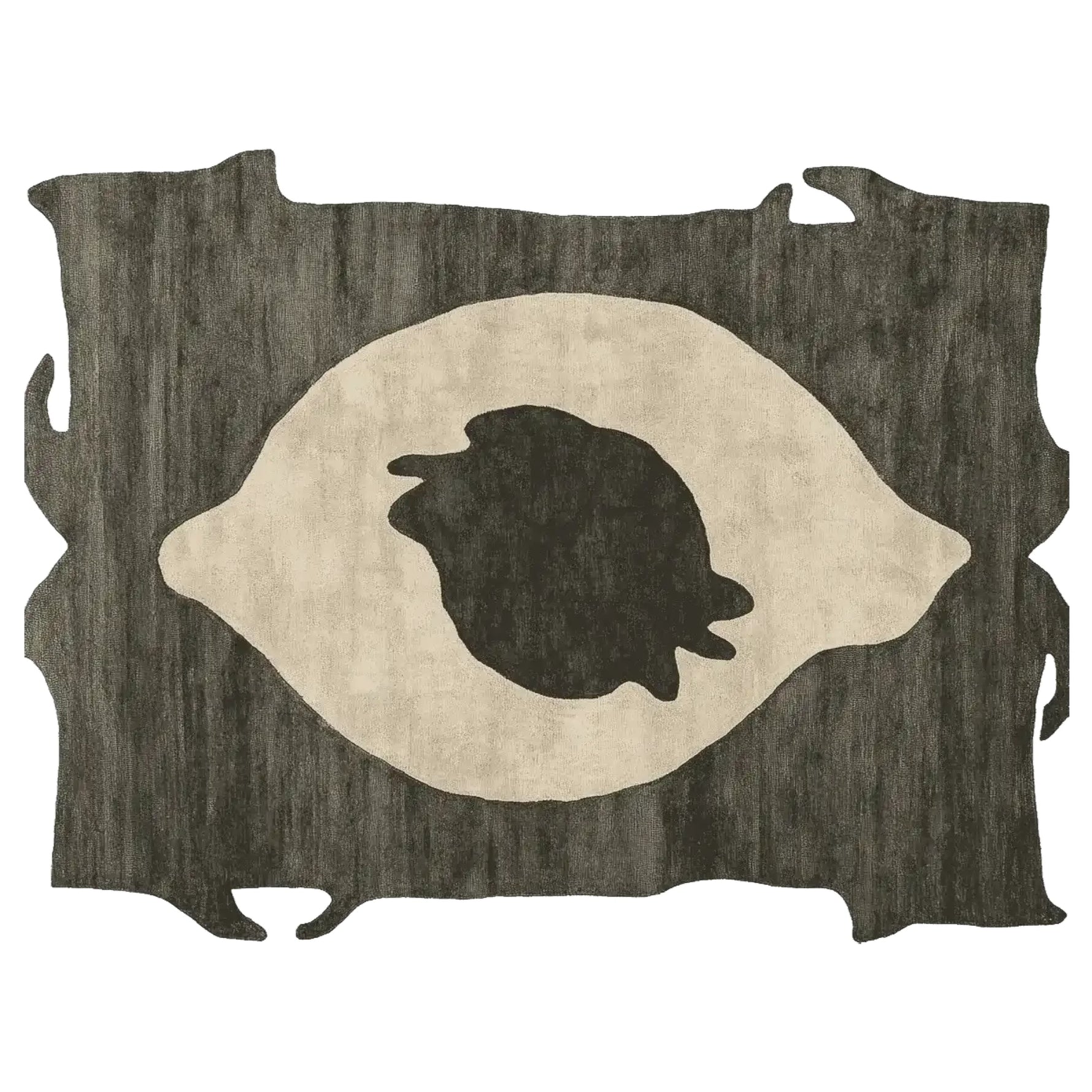 A contemporary area rug with an abstract design, featuring a unique eye-like pattern in neutral tones, ideal for modern living room decor. This wool rug showcases artistic raw edges, adding a sophisticated touch to any space.