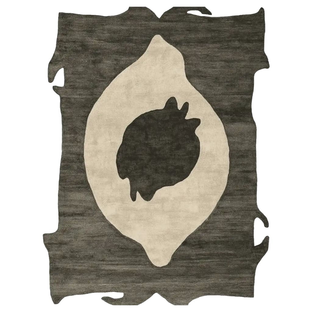 Stylish Raw Edge Totem Hand Tufted Area Rug featuring a contemporary abstract design in neutral tones, perfect for modern living rooms. This wool rug adds a touch of elegance and warmth to any space, showcasing a unique artistic pattern.