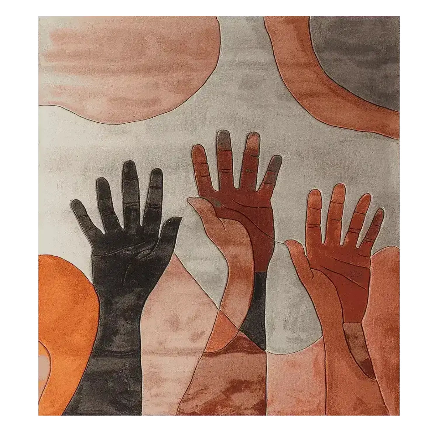 Contemporary square area rug featuring an abstract design of reaching hands in earthy tones. Perfect for adding an artistic touch to living room spaces, this wool rug combines modern aesthetics with comfort, making it an ideal choice for area rugs in the living room.