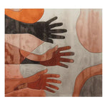 A contemporary square area rug featuring an abstract design of reaching hands in various earthy tones, perfect for a modern living room. This wool rug adds a unique artistic touch to any space, making it an ideal choice for area rugs for living room settings.
