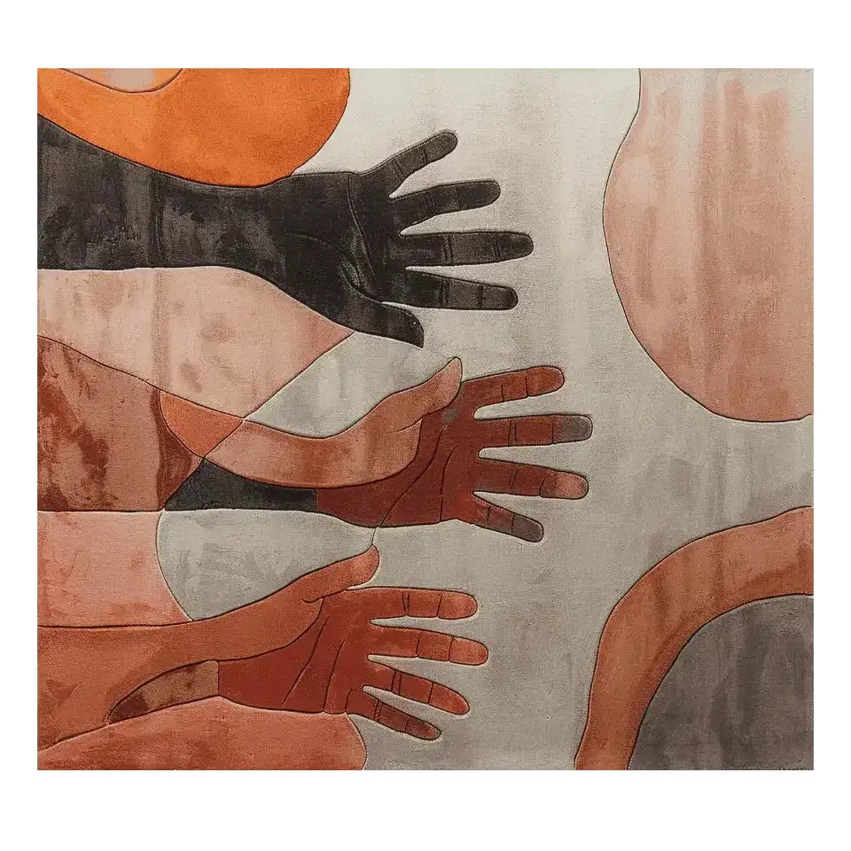 A contemporary square area rug featuring an abstract design of reaching hands in various earthy tones, perfect for a modern living room. This wool rug adds a unique artistic touch to any space, making it an ideal choice for area rugs for living room settings.