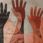 Contemporary hand-tufted wool area rug featuring an abstract design of reaching hands in earthy tones. Perfect for adding a modern touch to any living room, this square rug combines artful aesthetics with the cozy comfort of a high-quality wool rug.