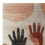 Close-up view of the Reaching Hands Hand Tufted Rug, showcasing an abstract design with overlapping hands in shades of black, brown, and tan, perfect for adding a contemporary touch to your living room. This square area rug is crafted from high-quality wool, making it a durable and stylish choice for area rugs for living room settings.