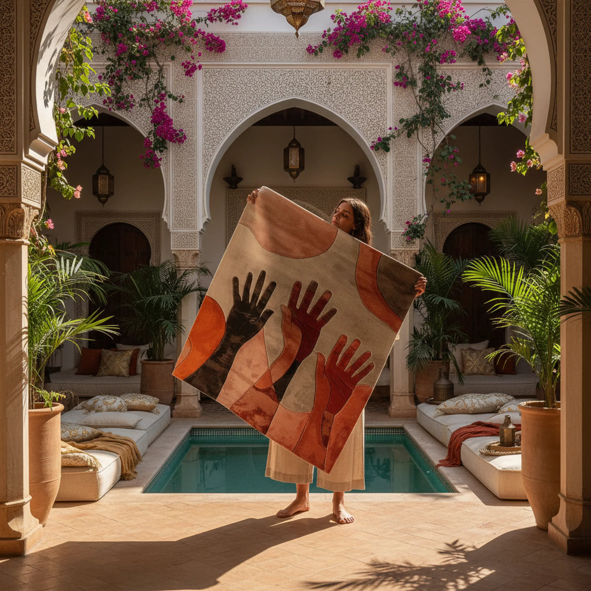 Woman holding a colorful rug with hand designs in a luxurious courtyard setting.
