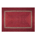 Top view of a red and gray braided jute area rug, perfect for enhancing the ambiance of dining rooms, bedrooms, and living spaces. This stylish and durable rug offers a contemporary touch suitable for dining room carpets and living room and dining room rugs.