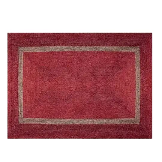 Top view of a red and gray braided jute area rug, perfect for enhancing the ambiance of dining rooms, bedrooms, and living spaces. This stylish and durable rug offers a contemporary touch suitable for dining room carpets and living room and dining room rugs.