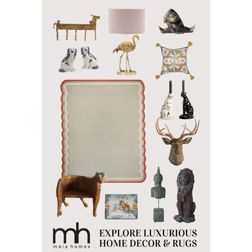 Stylish Red and Gray Scallop Cotton Area Rug perfect for living room or office, surrounded by eclectic home decor items like animal figurines, lamps, and cushions, offering a luxurious touch to any space.