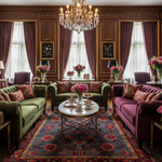 Red Bloom Harmony hand tufted rug under velvet sofas in formal sitting room, dark blue field with vivid red floral pattern