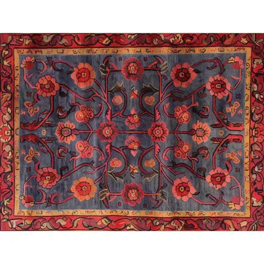 Red Bloom Harmony Hand Tufted Area Rug featuring a vibrant floral design, perfect for enhancing dining room or living room spaces. This 8x10 vintage wool rug showcases intricate patterns in rich red and blue tones, ideal for adding a touch of elegance to your decor.