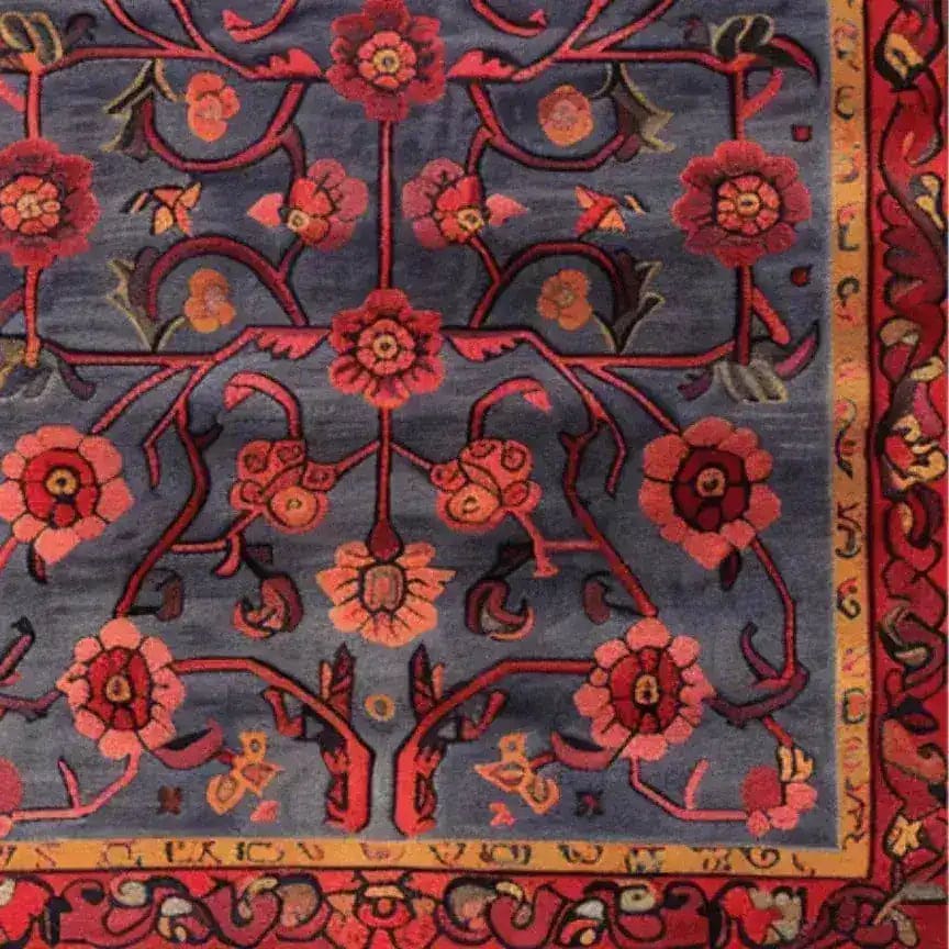 Vibrant Red Bloom Harmony Hand Tufted Area Rug featuring a striking floral design with rich red and orange flowers on a deep blue background. Perfect for adding a touch of vintage charm to your dining room or living room. This 8x10 wool rug is an elegant choice for dining room area rugs or living room rugs.