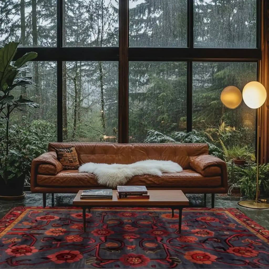 A beautifully decorated living room featuring a Red Bloom Harmony area rug. The hand-tufted wool rug showcases a vibrant floral design, perfect for adding a vintage touch to your living room or dining room. This 8x10 rug complements the warm tones of a leather sofa and the serene view of a large window overlooking lush greenery.