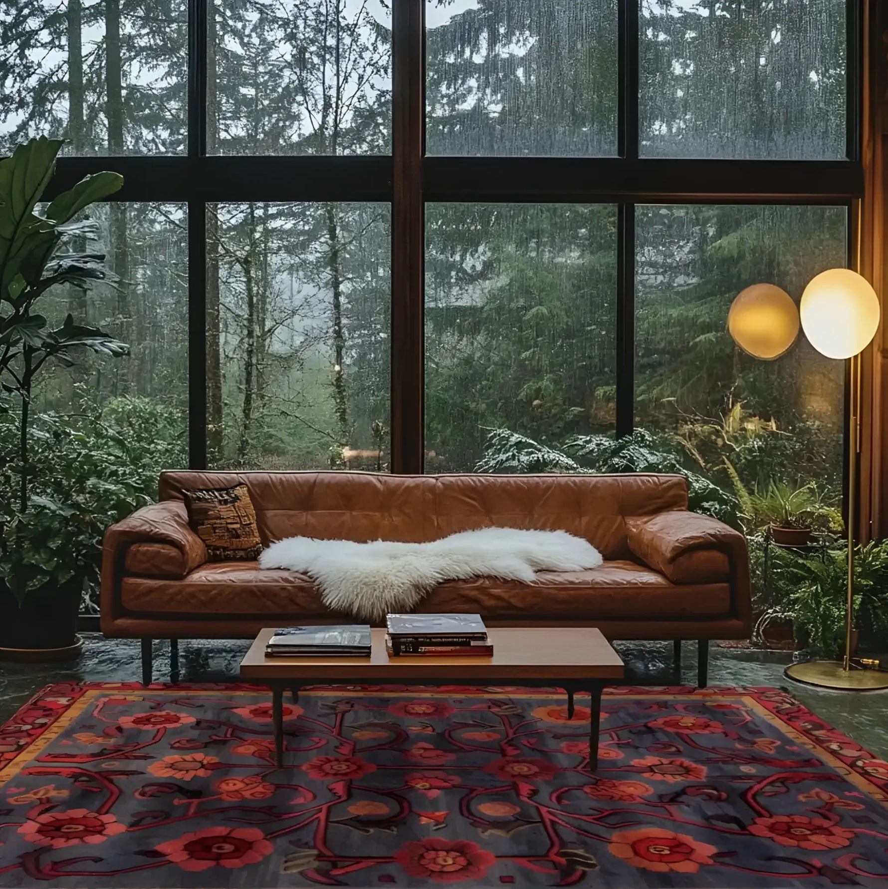 A beautifully decorated living room featuring a Red Bloom Harmony area rug. The hand-tufted wool rug showcases a vibrant floral design, perfect for adding a vintage touch to your living room or dining room. This 8x10 rug complements the warm tones of a leather sofa and the serene view of a large window overlooking lush greenery.