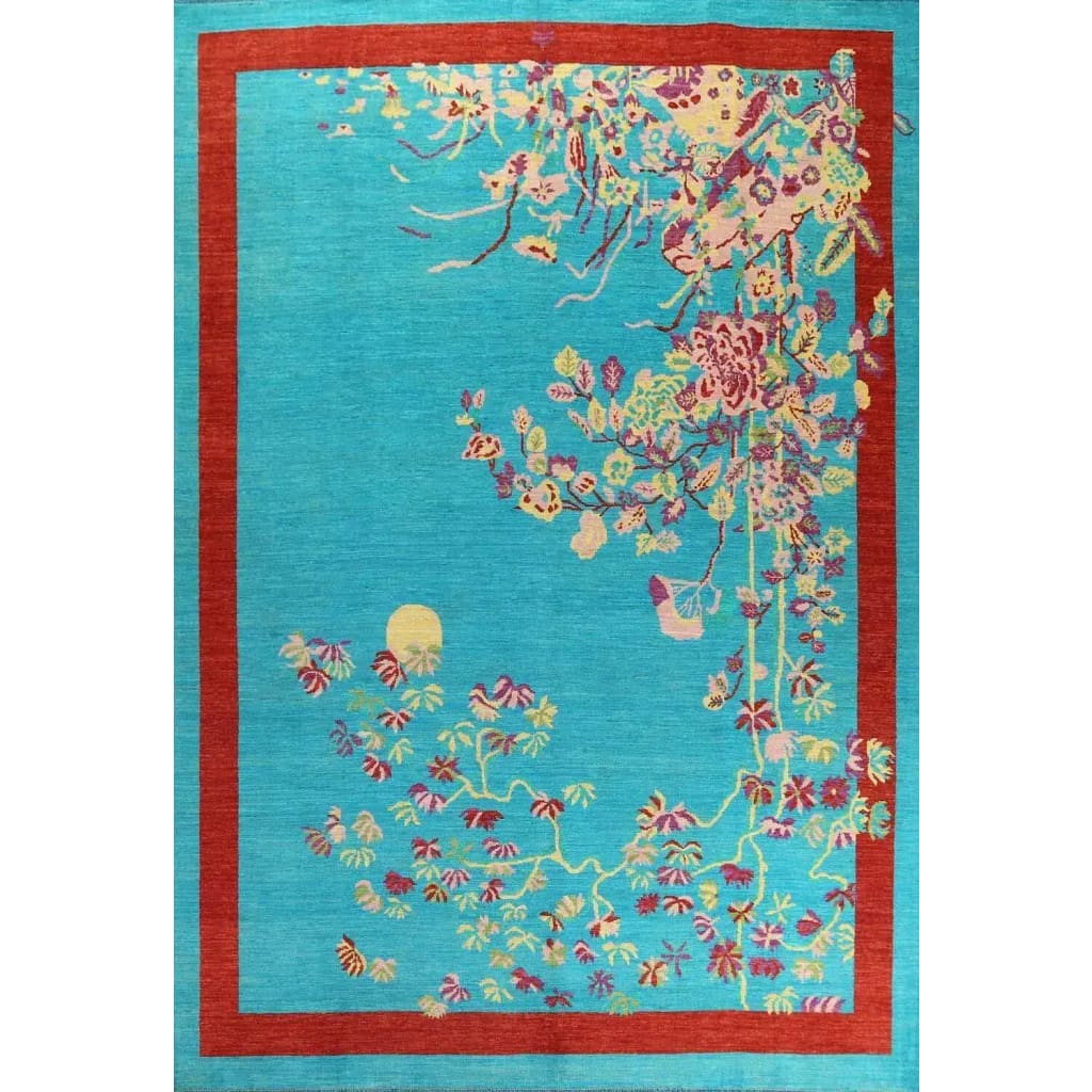 Red Bordered Spring Floral in the Blue Sky Wool Hand Knotted Area Rug