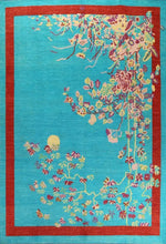 Red Bordered Spring Floral in the Blue Sky Wool Hand Knotted Area Rug