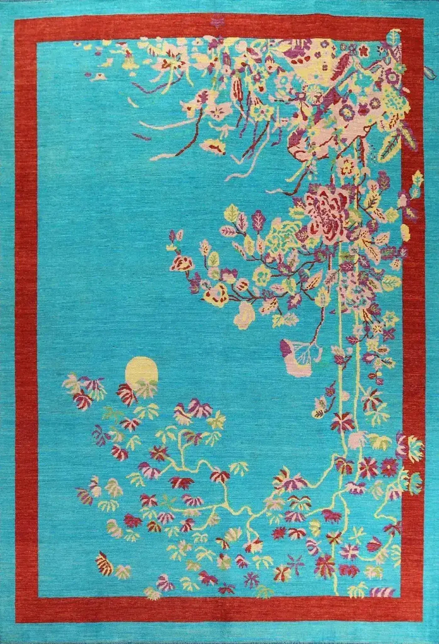 Red Bordered Spring Floral in the Blue Sky Wool Hand Knotted Area Rug