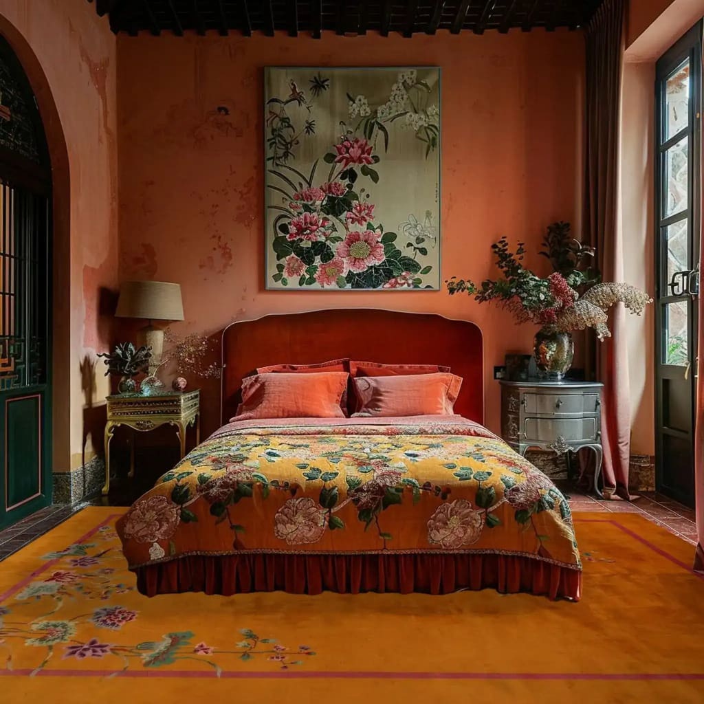 Stylish bedroom featuring a Red Bordered Spring Floral in the Golden Sky Wool Hand Knotted Area Rug. This large area rug, perfect for living rooms, showcases vibrant floral patterns against a warm backdrop, enhancing the cozy ambiance of the space.