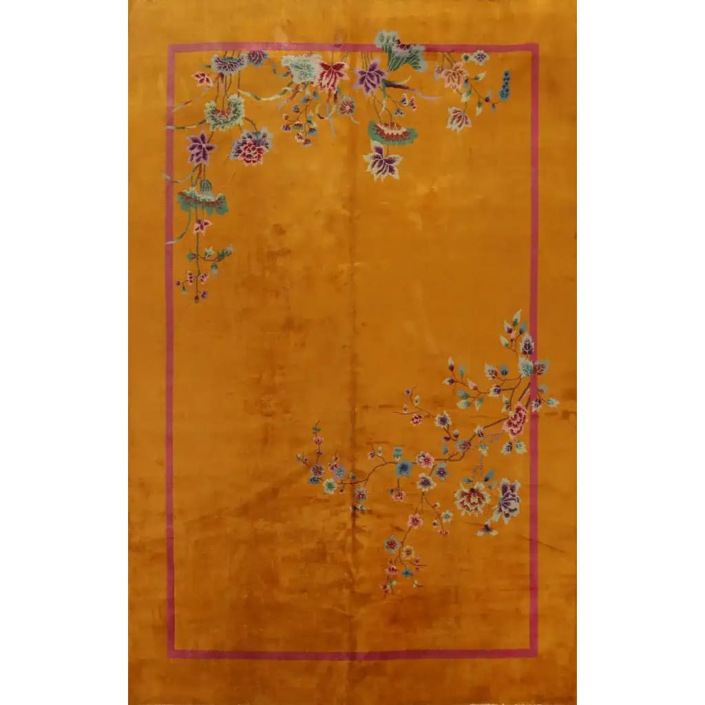 Red Bordered Spring Floral in the Golden Sky Wool Hand Knotted Area Rug