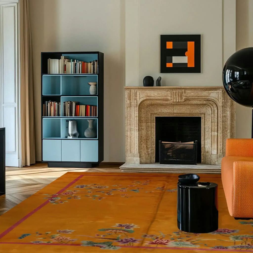 A stylish living room featuring a 'Red Bordered Spring Floral in the Golden Sky' wool hand-knotted area rug. This large living room rug showcases a vibrant design with floral patterns on a golden background, perfectly accentuating the modern decor with an orange sofa and a classic stone fireplace.