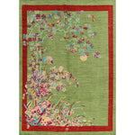 Red Bordered Spring Floral in the Green Sky Wool Hand Knotted Area Rug
