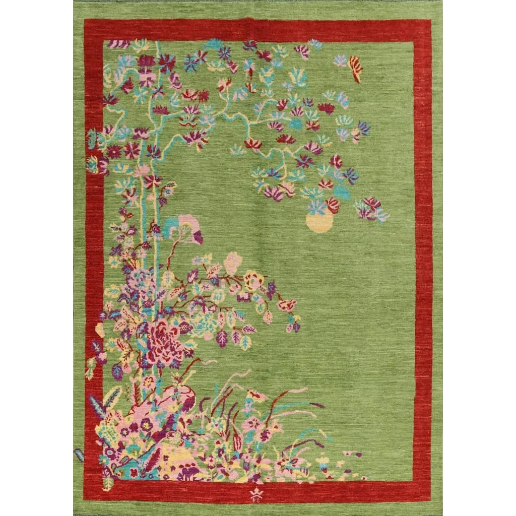 Red Bordered Spring Floral in the Green Sky Wool Hand Knotted Area Rug
