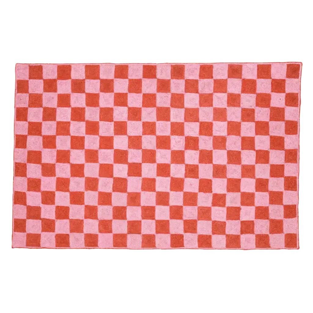 A vibrant red checker jute rug, measuring 2 x 3 ft, perfect for enhancing your office space or as a stylish addition to large area rugs in the living room.