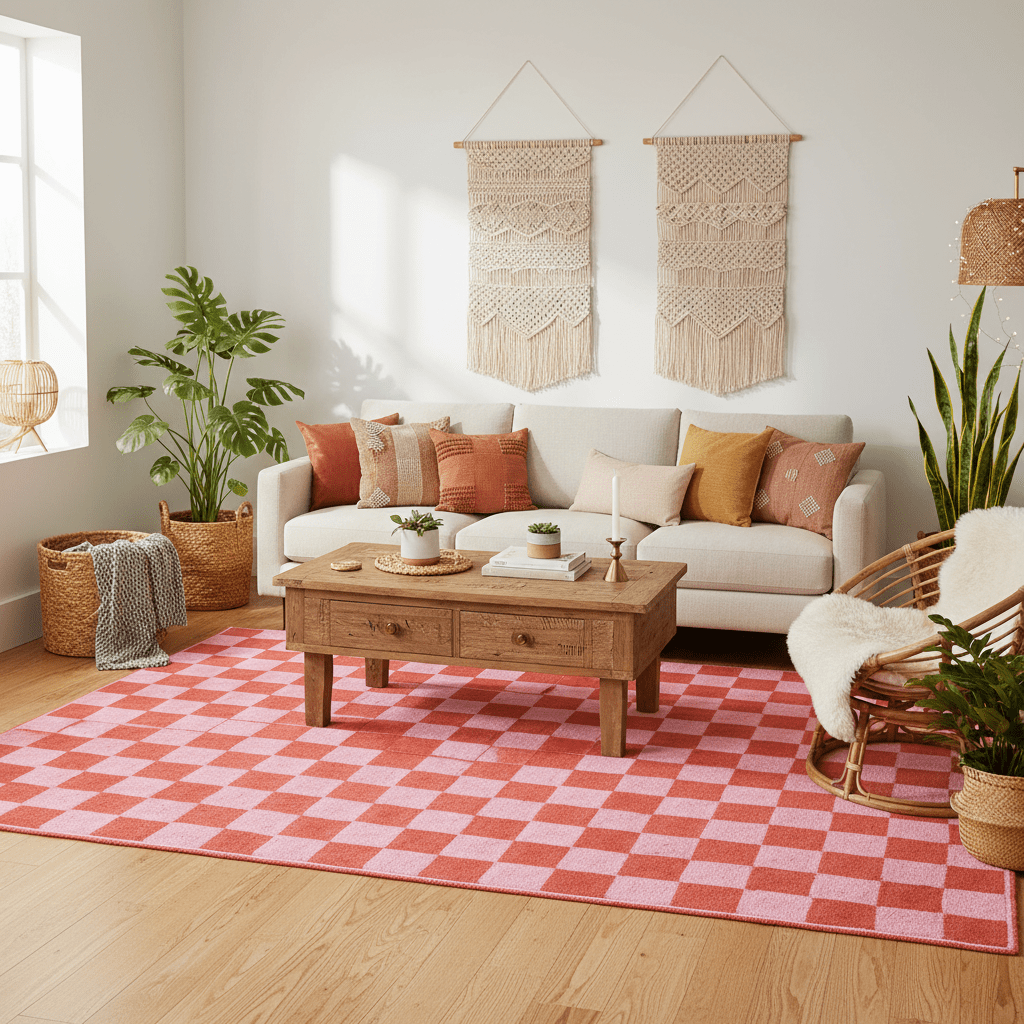 Living room with a white sofa, wooden coffee table, a checker jute rug, and decorative elements.