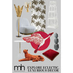 A vibrant Red Chinoiserie Crane over the Sun Hand Tufted Wool Rug displayed among an eclectic collection of luxurious decor items. Perfect as an area rug for living rooms, this 8x10 wool rug adds a touch of elegance and style. The rug is surrounded by a modern chair, palm tree wallpaper, and a chic chandelier, offering a glimpse into a stylish living room setting.