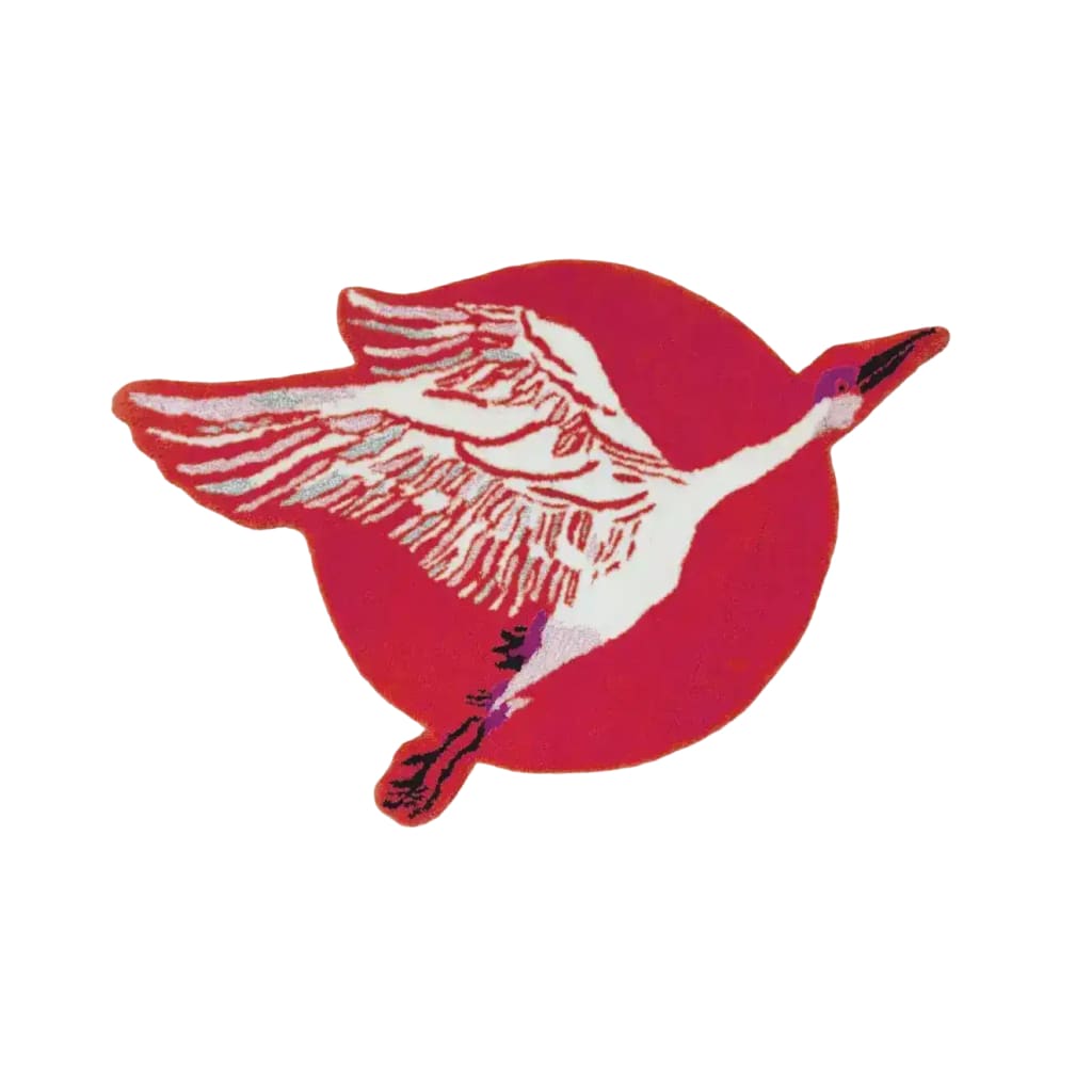 A vibrant Red Chinoiserie Crane over the Sun hand-tufted wool rug, perfect as a statement piece for your living room. This unique round area rug features an elegant crane design against a striking red background, ideal for enhancing large living room spaces 8x10 with its artistic flair.