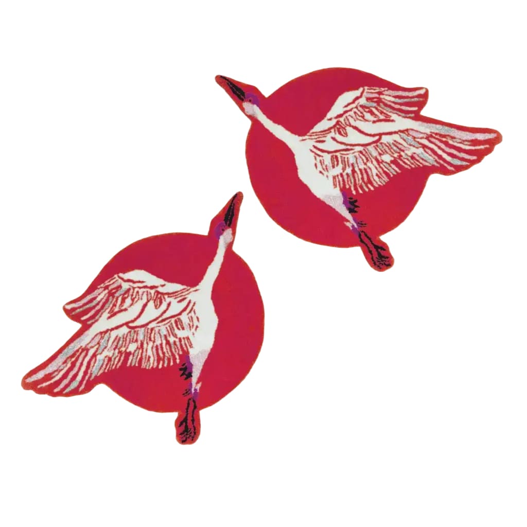 A vibrant red Chinoiserie design featuring cranes flying over a sun on a hand-tufted wool rug. Perfect as an area rug for a living room, this large 8x10 rug adds a touch of elegance and artistic flair. Ideal for those seeking a unique wool rug for their living room decor.