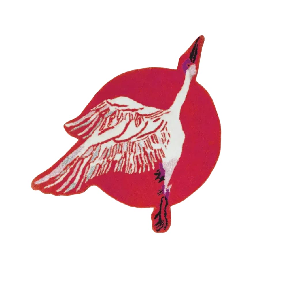 A stunning hand-tufted wool area rug featuring a red Chinoiserie crane design over a vibrant sun, perfect for adding elegance to any living room. Ideal for those seeking large living room rugs or unique round rugs in an 8x10 size.