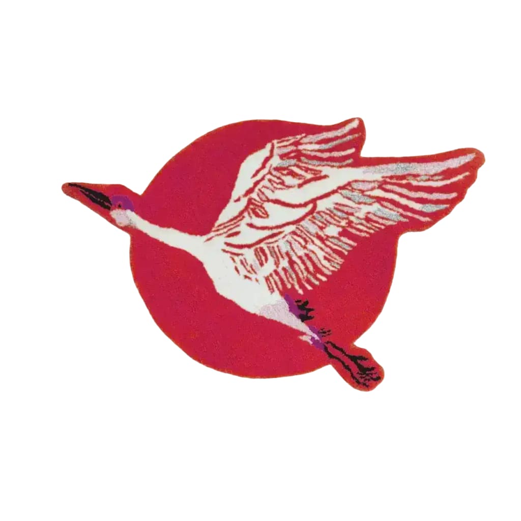 A beautifully hand tufted wool area rug featuring a striking red Chinoiserie crane design over a vibrant sun. Perfect for enhancing dining room spaces with a round rug aesthetic, this large area rug adds a touch of elegance to formal dining room settings.