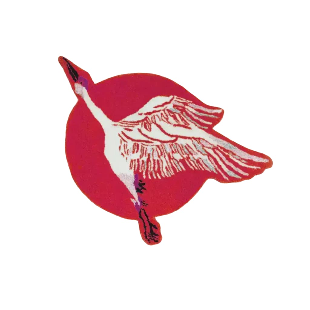 A vibrant Red Chinoiserie Crane over the Sun Hand Tufted Wool Rug, perfect as a round area rug for a dining room. This large area rug features a striking design of a crane soaring over a red sun, adding an elegant touch to formal dining room settings. Made from high-quality wool, it serves as a beautiful dining room carpet.