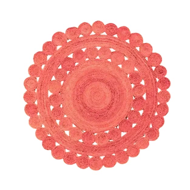 A vibrant red round jute area rug, measuring 9 feet in diameter, featuring a classic circular design. Ideal for enhancing the elegance of living rooms or bedrooms, this rug complements spaces with its unique texture and bold color. Perfect for those seeking stylish living room rugs 8x10 or bedroom area rugs.