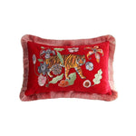 Red Embroidered Tiger Lumbar Pillow Cover with Fringes Default Title