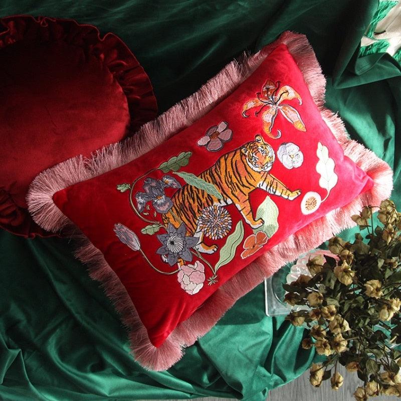 Red Embroidered Tiger Lumbar Pillow Cover with Fringes - MAIA HOMES
