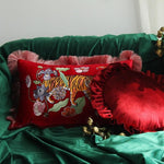 Red Embroidered Tiger Lumbar Pillow Cover with Fringes