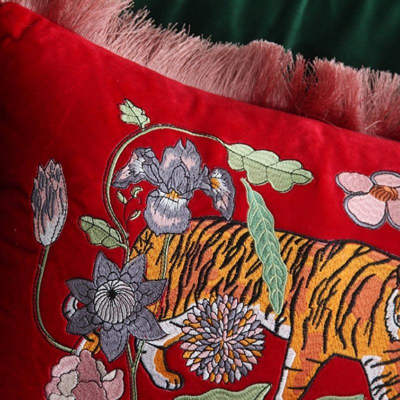 Red Embroidered Tiger Lumbar Pillow Cover with Fringes