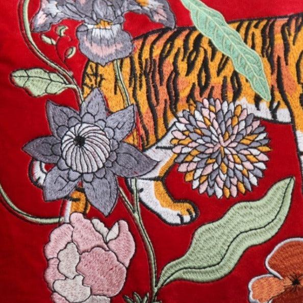 Red Embroidered Tiger Lumbar Pillow Cover with Fringes