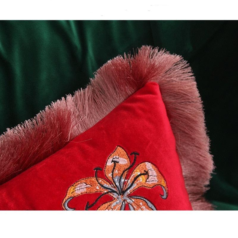 Red Embroidered Tiger Lumbar Pillow Cover with Fringes