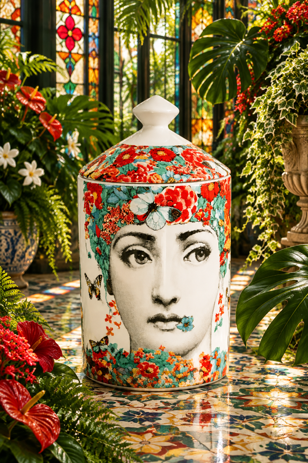 Red Floral Lina Cavalieri Ceramic Aromatherapy Candle Jar with Lid