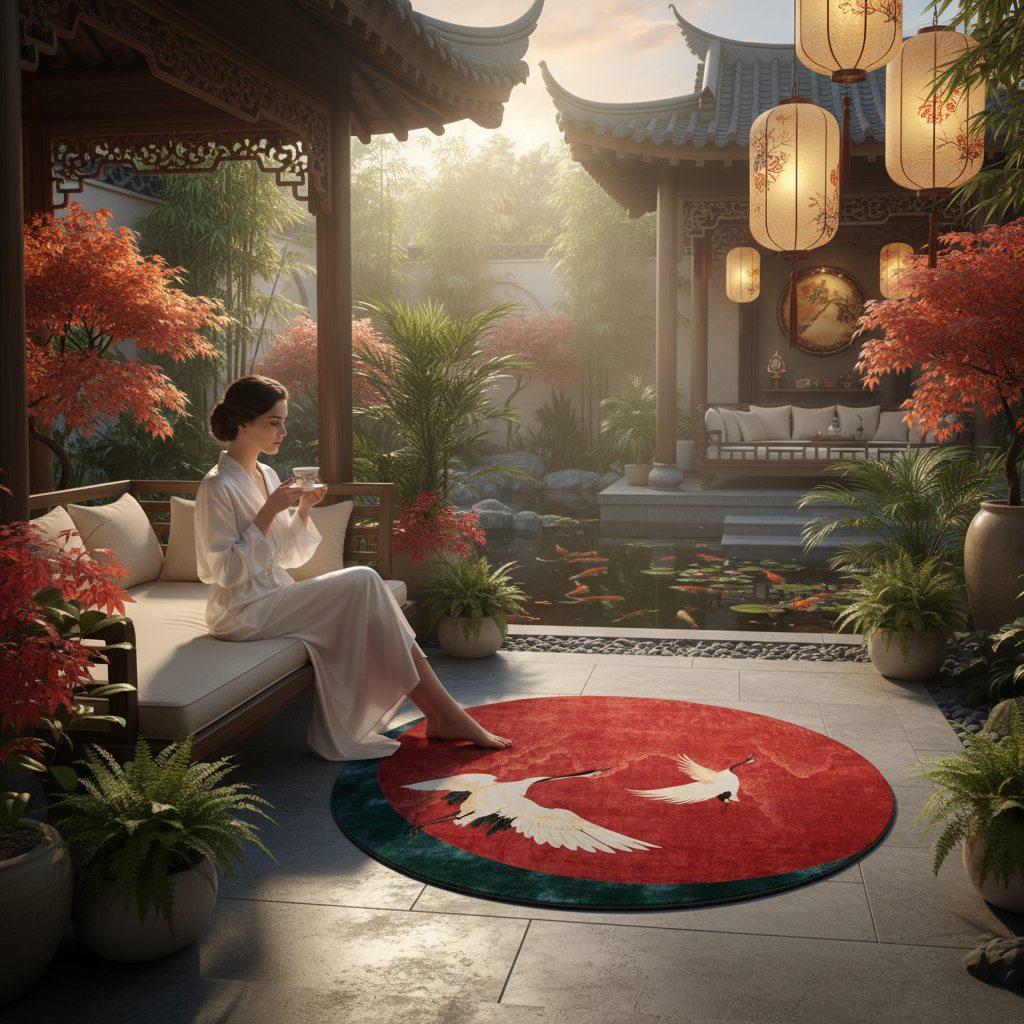Woman sitting on a couch in a traditional garden setting with a red crane rug, lanterns and plants.