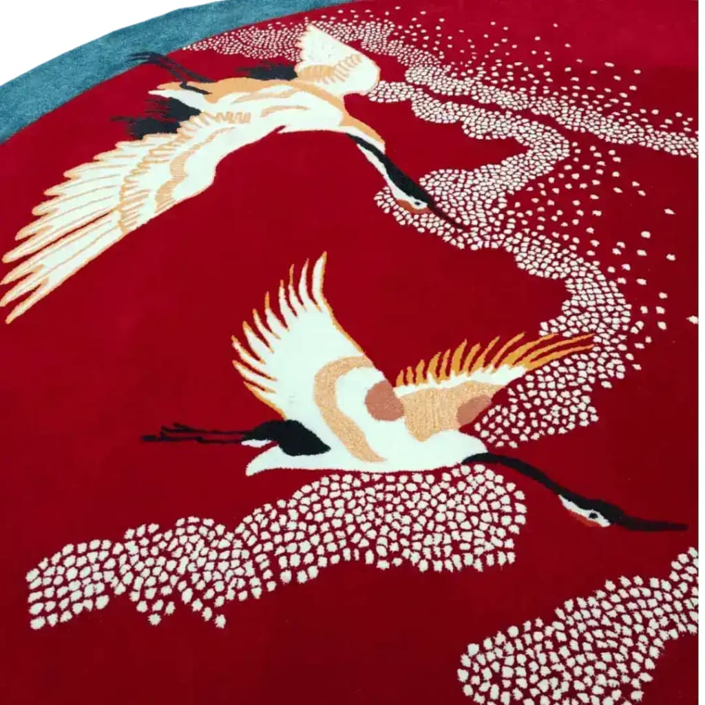 Vibrant red area rug featuring elegant Japanese cranes in flight, ideal for living room rugs 8x10 or as a stylish wool rug for an office. The detailed design adds a touch of sophistication to any living room or office space.