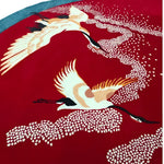 Vibrant red area rug featuring elegant Japanese cranes in flight, ideal for living room rugs 8x10 or as a stylish wool rug for an office. The detailed design adds a touch of sophistication to any living room or office space.