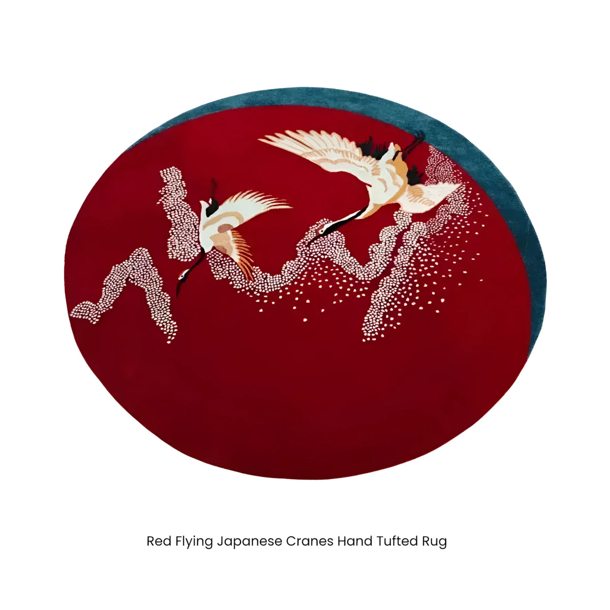 A stunning red round area rug featuring elegant Japanese cranes in flight, making it a perfect addition to living rooms or offices. This hand-tufted wool rug adds a touch of sophistication and is ideal for those seeking unique living room rugs 8x10 or stylish rugs for office spaces.