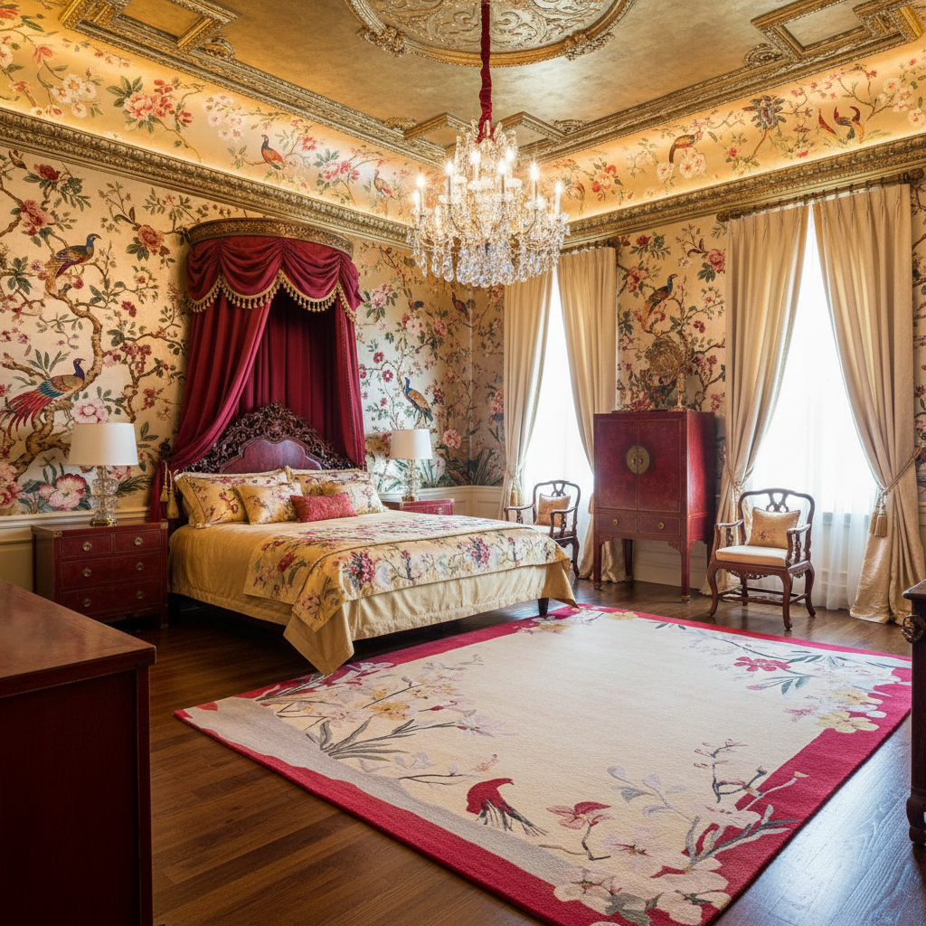 Opulent bedroom with floral wallpaper, red curtains, and a chandelier.