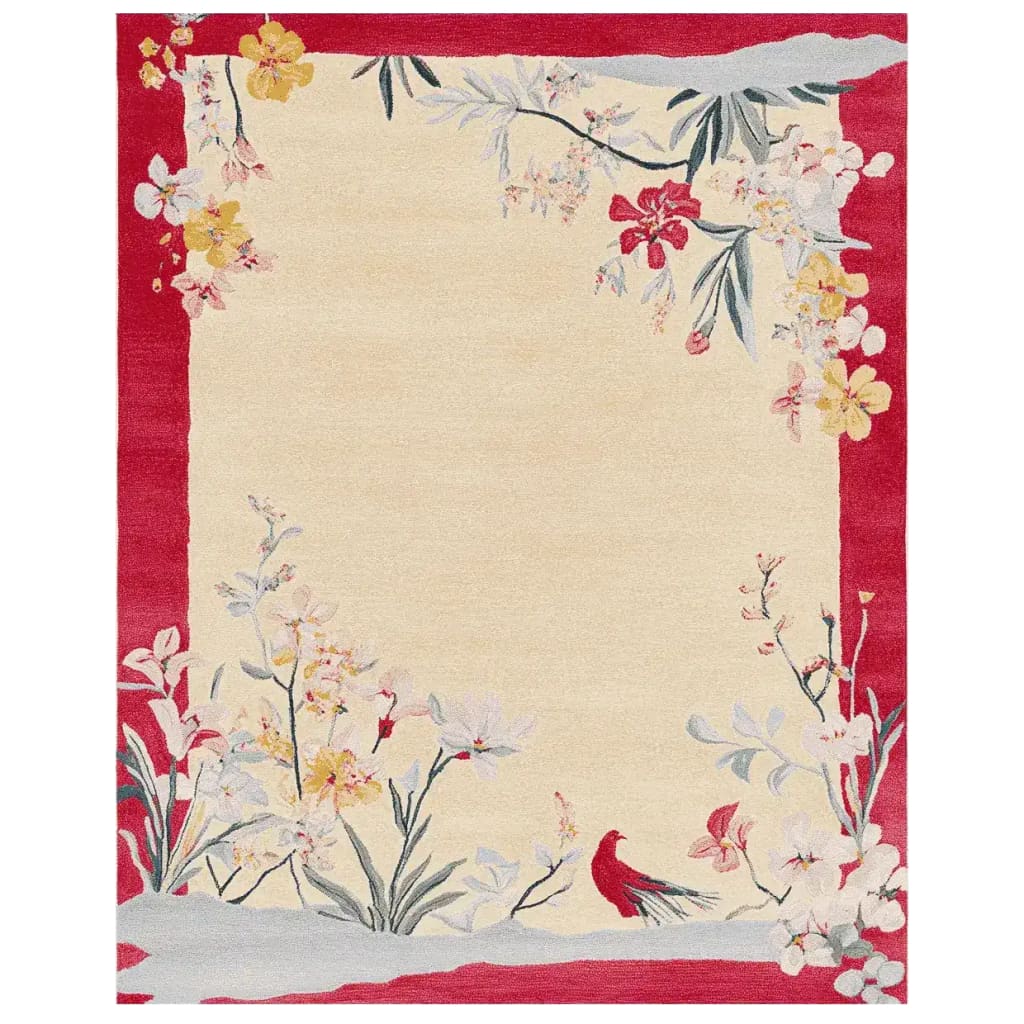 The Red Frame Garden Hand Tufted Rug features a vibrant red border with intricate floral designs and a bird motif, perfect for adding elegance to living room area rugs. This wool rug combines traditional charm with modern style, making it an ideal choice for area rugs in the living room.