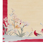 A beautifully hand-tufted wool rug featuring a vibrant red border with elegant floral designs and a bird motif. Perfect for adding a touch of elegance to living room area rugs. This area rug is an ideal choice for those seeking stylish and durable area rugs for the living room.
