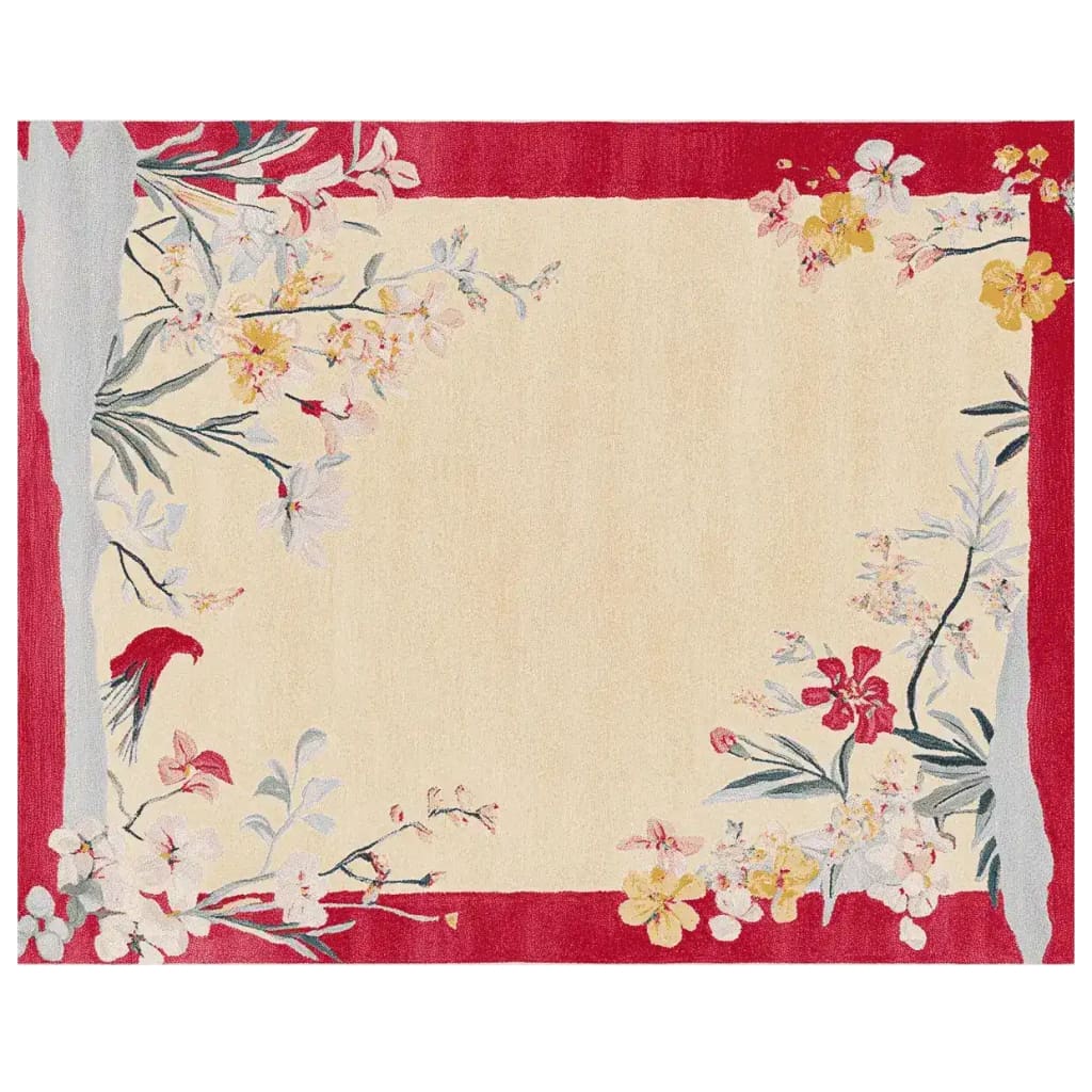 A beautifully designed area rug featuring a hand-tufted wool construction with a vibrant red frame. This living room area rug showcases elegant floral patterns and intricate detailing, perfect for enhancing any space. Ideal for those seeking stylish area rugs for the living room.